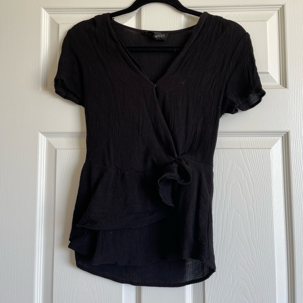 black button/tie blouse
